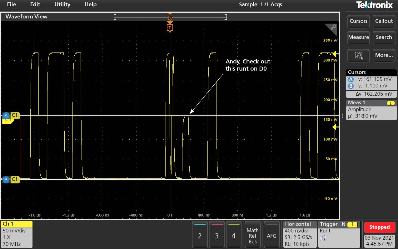 Example of pulse width trigger used to trigger on a narrow pulse